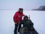 A team of dog sled came to visit us ths year. Here we have Donanld Kakegamic our Keewaywin elder getting a dog sled ride.